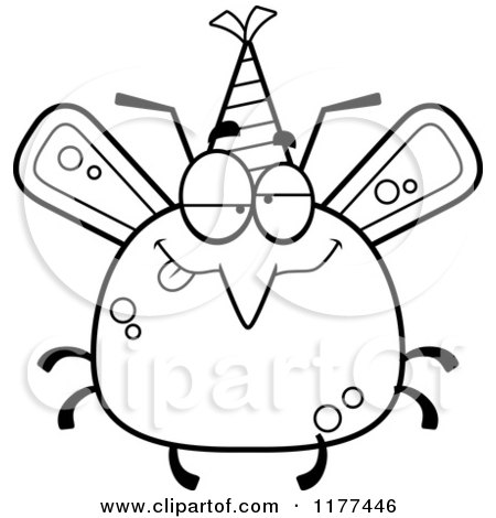 Cartoon of a Black And White Drunk Birthday Mosquito Wearing a Party Hat - Royalty Free Vector Clipart by Cory Thoman