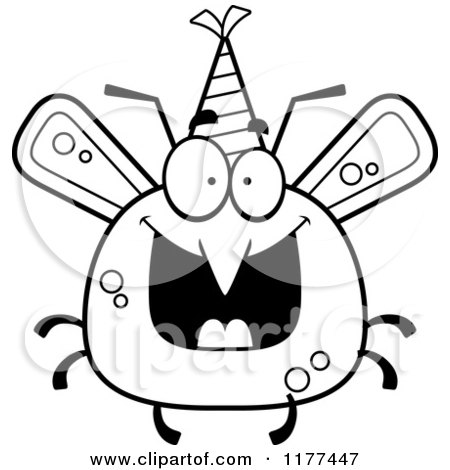 Cartoon of a Black And White Happy Birthday Mosquito Wearing a Party Hat - Royalty Free Vector Clipart by Cory Thoman