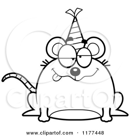 Cartoon of a Black And White Drunk Birthday Mouse Wearing a Party Hat - Royalty Free Vector Clipart by Cory Thoman