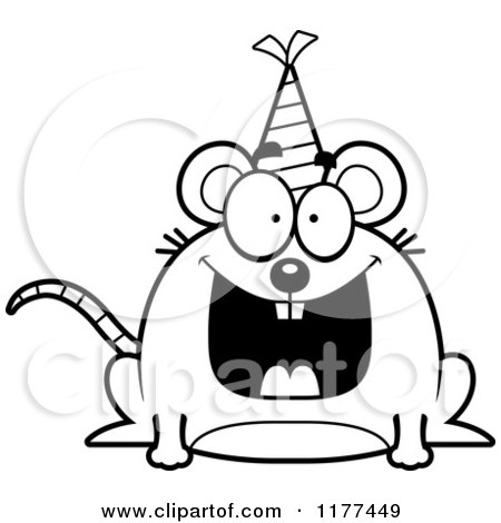 Cartoon of a Black And White Happy Birthday Mouse Wearing a Party Hat - Royalty Free Vector Clipart by Cory Thoman