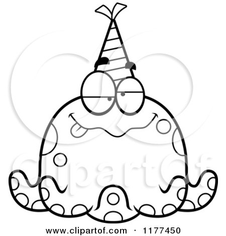 Cartoon of a Black And White Drunk Birthday Octopus Wearing a Party Hat - Royalty Free Vector Clipart by Cory Thoman
