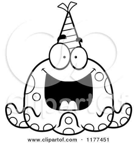 Cartoon of a Black And White Happy Birthday Octopus Wearing a Party Hat - Royalty Free Vector Clipart by Cory Thoman