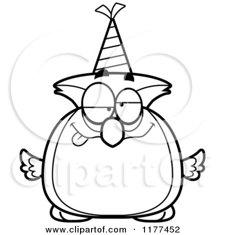 Cartoon of a Black And White Drunk Birthday Owl Wearing a Party Hat - Royalty Free Vector Clipart by Cory Thoman