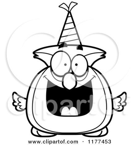 Cartoon of a Black And White Happy Birthday Owl Wearing a Party Hat - Royalty Free Vector Clipart by Cory Thoman