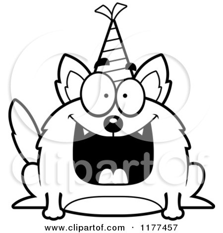 Cartoon of a Black And White Happy Birthday Wolf Wearing a Party Hat - Royalty Free Vector Clipart by Cory Thoman