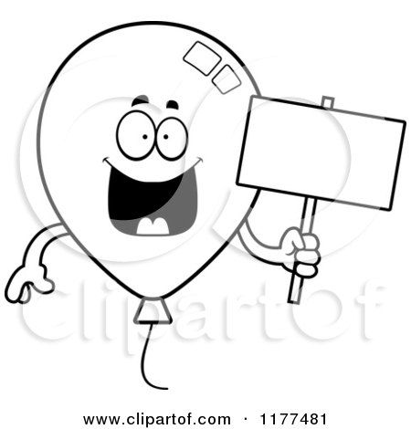 Cartoon of a Black And White Happy Party Balloon Mascot Holding a Sign - Royalty Free Vector Clipart by Cory Thoman