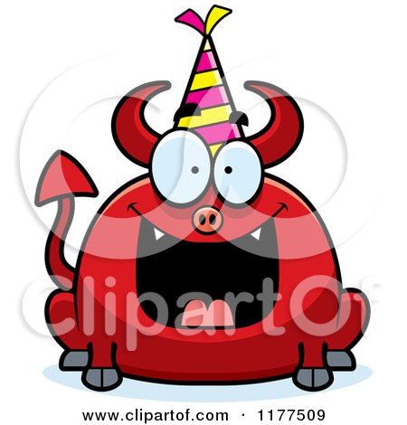 Cartoon of a Happy Birthday Devil Wearing a Party Hat - Royalty Free Vector Clipart by Cory Thoman