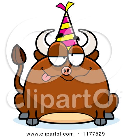 Cartoon of a Drunk Birthday Bull Wearing a Party Hat - Royalty Free Vector Clipart by Cory Thoman