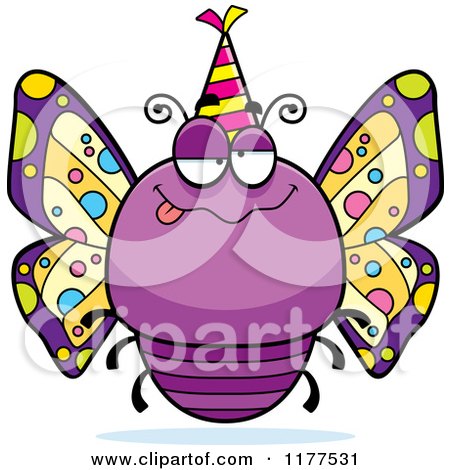 Cartoon of a Drunk Birthday Butterfly Wearing a Party Hat - Royalty Free Vector Clipart by Cory Thoman