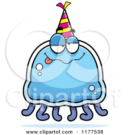 Cartoon of a Drunk Birthday Jellyfish Wearing a Party Hat - Royalty Free Vector Clipart by Cory Thoman