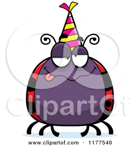 Cartoon of a Drunk Birthday Ladybug Wearing a Party Hat - Royalty Free Vector Clipart by Cory Thoman