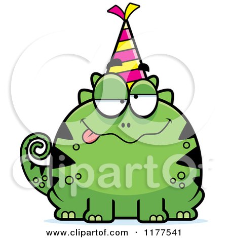 Cartoon of a Drunk Birthday Lizard Wearing a Party Hat - Royalty Free Vector Clipart by Cory Thoman