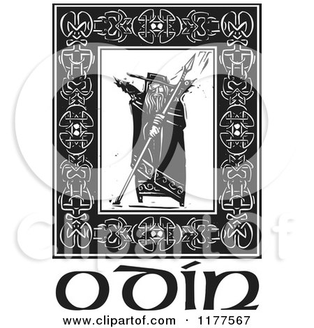 Clipart of the Norse God Odin with Crows and a Spear in a Celtic Frame over Text Black and White Woodcut - Royalty Free Vector Illustration by xunantunich