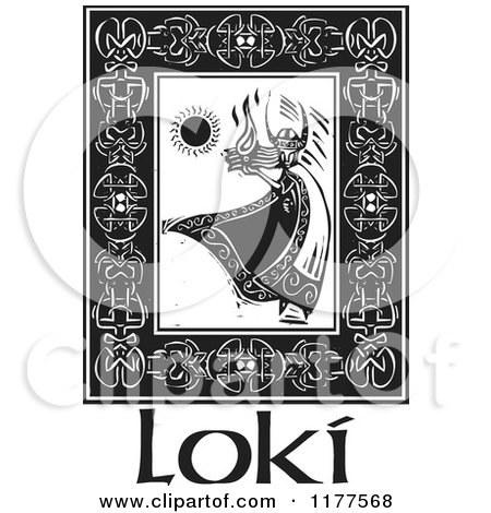 Clipart of the Norse God Loki in a Celtic Frame over Text Black and White Woodcut - Royalty Free Vector Illustration by xunantunich