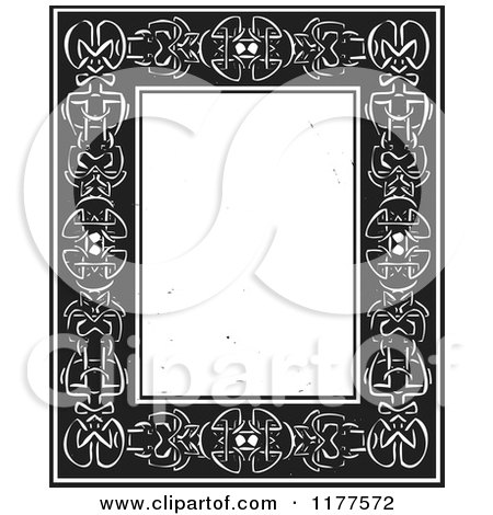 Clipart of a Celtic Knot Border with Copyspace Black and White Woodcut - Royalty Free Vector Illustration by xunantunich