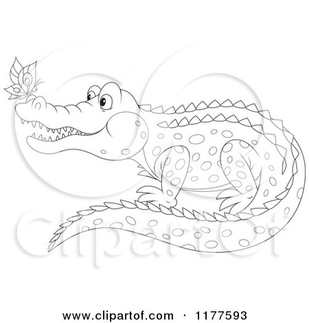 Cartoon of an Outlined Butterfly on a Crocodiles Nose - Royalty Free Vector Clipart by Alex Bannykh
