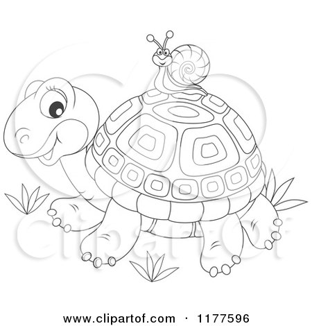 Cartoon of a Black and White Snail Riding on a Cute Tortoise - Royalty Free Vector Clipart by Alex Bannykh