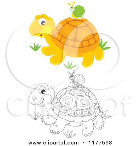 Cartoon of a Black and White and Colored Snail Riding on a Cute Tortoise - Royalty Free Vector Clipart by Alex Bannykh