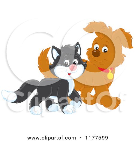Cartoon of a Cute Tuxedo Cat and Puppy Walking - Royalty Free Vector Clipart by Alex Bannykh