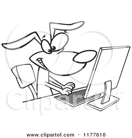 Cartoon of an Outlined an Outlined Happy Dog Typing at a Computer - Royalty Free Vector Clipart by toonaday