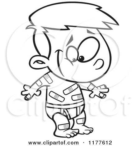 Cartoon of an Outlined an Outlined Happy Boy Covered in Boo Boo Bandages - Royalty Free Vector Clipart by toonaday