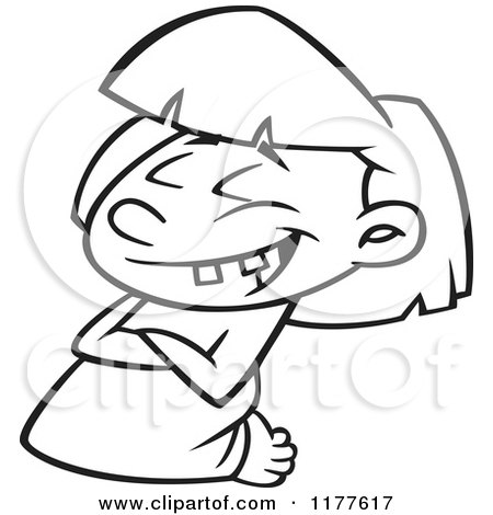 Cartoon of an Outlined an Outlined Girl Laughing and Kneeling in Prayer - Royalty Free Vector Clipart by toonaday