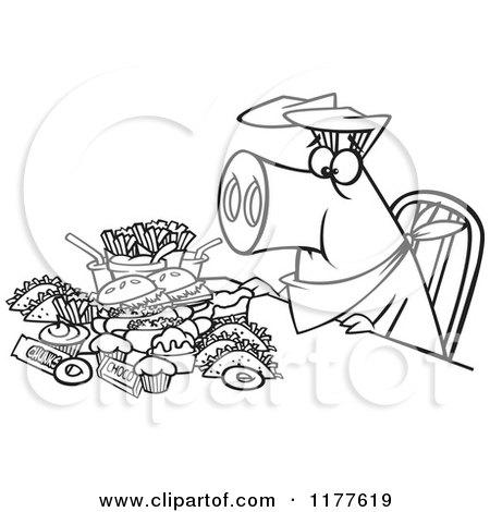 Cartoon of an Outlined an Outlined Pigging out Hog with Junk Food - Royalty Free Vector Clipart by toonaday