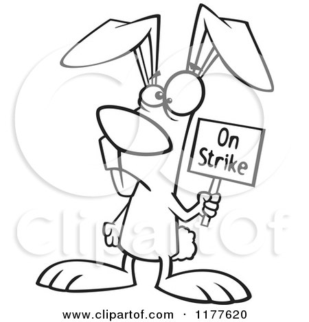 Cartoon of an Outlined Easter Bunny Holding an on Strike Sign - Royalty Free Vector Clipart by toonaday