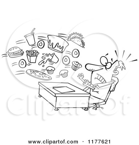 Cartoon of an Outlined an Outlined Businessman Being Bombarded with Junk Food at the Office - Royalty Free Vector Clipart by toonaday