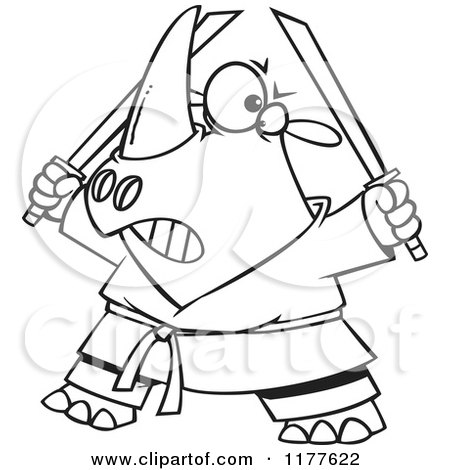 Cartoon of an Outlined an Outlined Ninja Rhino Holding Swords - Royalty Free Vector Clipart by toonaday