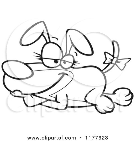 Cartoon of an Outlined an Outlined Modling Dog with a Bow on Her Tail - Royalty Free Vector Clipart by toonaday