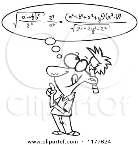 Cartoon of an Outlined an Outlined Smart Man Figuring a Math Equation in His Head - Royalty Free Vector Clipart by toonaday