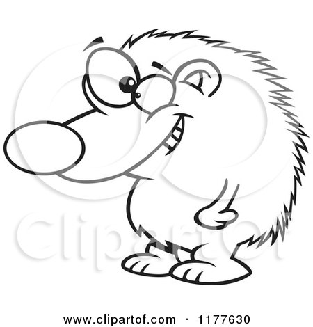 Cartoon of an Outlined an Outlined Grinning Hedgehog Standing - Royalty Free Vector Clipart by toonaday