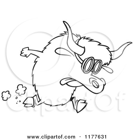 Cartoon of an Outlined an Outlined Racing Yak Wearing Goggles - Royalty Free Vector Clipart by toonaday