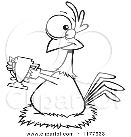 Cartoon of an Outlined an Outlined Prized Chicken Holding a Trophy - Royalty Free Vector Clipart by toonaday
