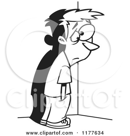 Cartoon of an Outlined an Outlined Sad Boy Standing in a Corner - Royalty Free Vector Clipart by toonaday