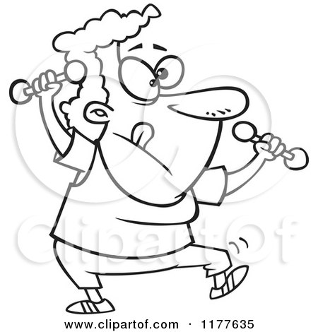Cartoon of an Outlined an Outlined Fit Granny Doing Zumba with Dumbbells - Royalty Free Vector Clipart by toonaday