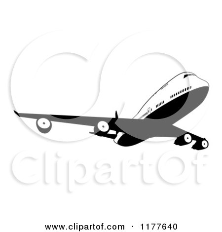 Clipart of a Black and White Commercial Jet Airliner - Royalty Free Vector Illustration by AtStockIllustration