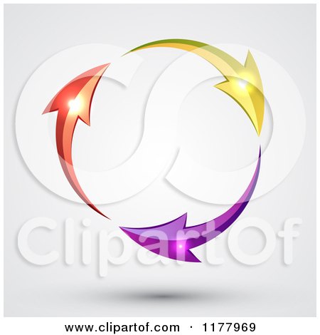 Clipart of a Circle of Yellow Purple and Red Arrows with Glowing Orbs on Gray - Royalty Free Vector Illustration by vectorace