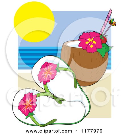 Cartoon of Hibiscus Flip Flops with a Coconut Drink on a Beach - Royalty Free Vector Clipart by Maria Bell