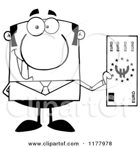 Cartoon of a Black and White Businessman Holding a Euro Bill - Royalty Free Vector Clipart by Hit Toon