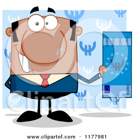Cartoon of an African American Businessman Holding a Euro Bill over Blue - Royalty Free Vector Clipart by Hit Toon