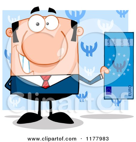 Cartoon of a Caucasian Businessman Holding a Euro Bill over Blue - Royalty Free Vector Clipart by Hit Toon