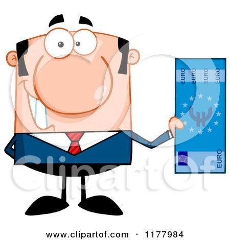 Cartoon of a White Businessman Holding a Euro Bill - Royalty Free Vector Clipart by Hit Toon
