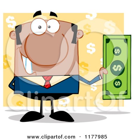 Cartoon of an African American Businessman Holding a Dollar Bill over Yellow - Royalty Free Vector Clipart by Hit Toon