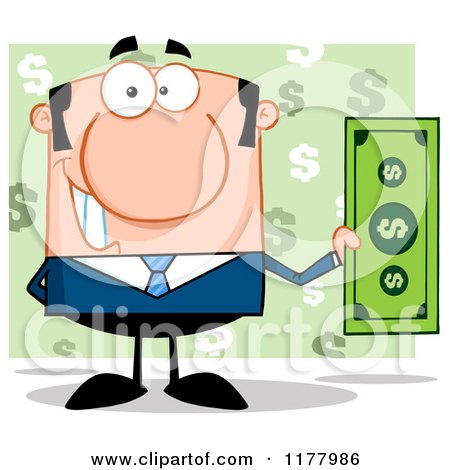 Cartoon of a White Businessman Holding a Dollar Bill over Green - Royalty Free Vector Clipart by Hit Toon