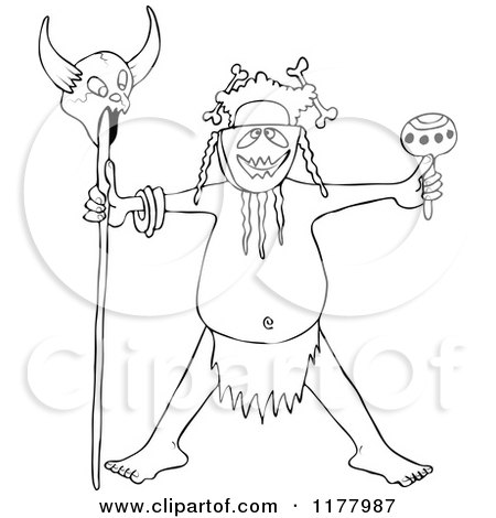 Cartoon of an Outlined Tribal Head Hunter Man Holding a Maraca and a Skull on a Stick - Royalty Free Vector Clipart by djart