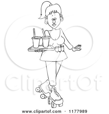 Cartoon of an Outlined Roller Skating Carhop Waitress with Drinks on a Tray - Royalty Free Vector Clipart by djart