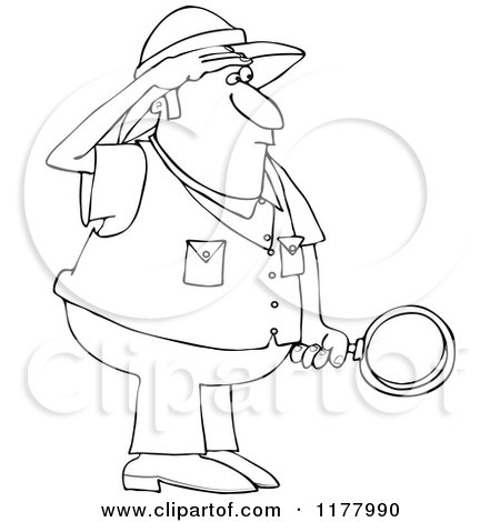 Cartoon of an Outlined Safari Man Holding a Magnifying Glass - Royalty Free Vector Clipart by djart