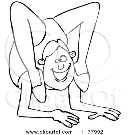 Cartoon of an Outlined Male Circus Contortionist with His Feet on His Shoulders - Royalty Free Vector Clipart by djart
